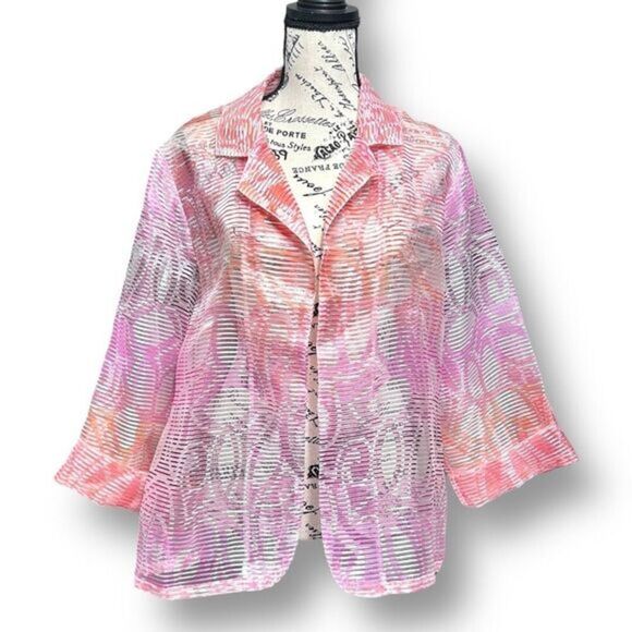 Chico’s 3 (XL) Sheer Pink Cream Burnout Open Front Blouse Jacket Layering Top - Picture 1 of 9